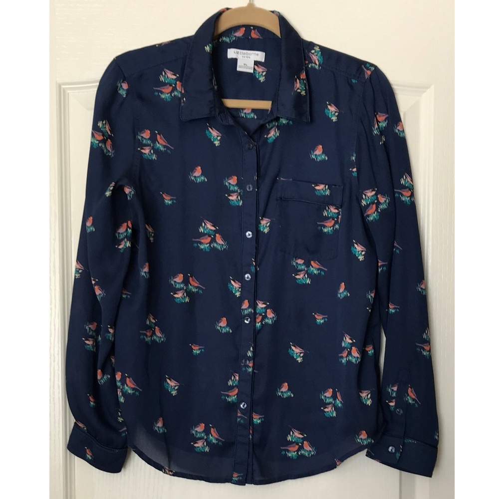 Liz Claiborne Navy Blue Long Sleeve Blouse Top L